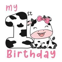 first birthday greeting card, baby cow sitting with number one, birthday animal farm clipart for t shirt printable vector