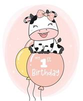 First Birthday greeting card, adorable cute baby cow girl with crown on pink balloon, cute doodle cartoon animal farm vector illustration