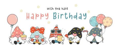 linda tarjeta de felicitación de gnomos de cumpleaños, grupo de gnomos de bebé vector de dibujo de dibujos animados, celebración de cumpleaños feliz