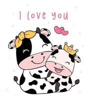 lindo vector de dibujos animados de animales de granja del día de la madre, madre vaca abrazo bebé hija vaca garabato contorno, te amo,,