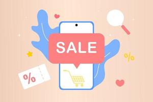 Online shopping on mobile smart phone. Big sale, special discount, social advertising. Mobile and digital marketing. Vector illustration for graphic element, sign, symbol. Minimalistic flat style.