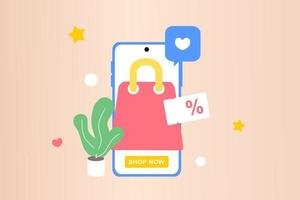 Online shopping on mobile smart phone. Sale banner, discount, social advertising. Mobile and digital marketing. Vector illustration for graphic element, sign, symbol. Minimalist flat style.