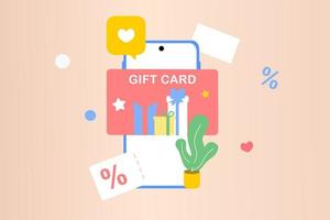 Gift card with box ribbon in smartphone app shop. Digital gift card and promotion strategy, gift voucher, discount coupon and gift certificate concept. Flat vector illustration. Minimalist style.