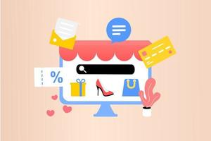 compras en línea en la computadora. tienda en línea, gran venta, descuento especial, publicidad social. marketing móvil y digital. elemento gráfico de ilustración vectorial plana, signo, símbolo. estilo minimalista. vector