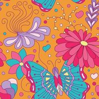 Summer seamless pattern with butterfly and exotic flowers. Hand drawn vector illustration. Seamless background texture.