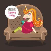 Welcome to the magical unicorn party. The unicorn sitting on the couch and drinking a cocktail. Glamorous illustration from invitation, greeting card, banner, postcard, flyer. vector