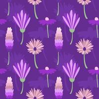 Purple Vector Background with pink flower. Botanical seamless pattern.