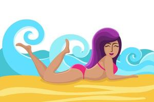 cartel de horario de verano. chica tumbada en la playa en traje de baño. vector
