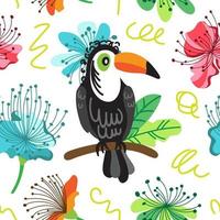 Toucan on the background of exotic flowers and leaves vector