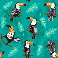 Toucans sit on the branches in different poses with a background of palm leaves. vector