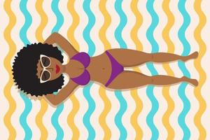 Black girl sunbathes on a beach. Wavy pattern for towel. vector