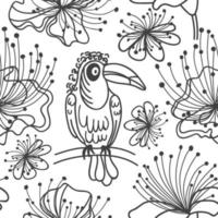 Toucan sits on a branch in the jungle surrounded by exotic flowers. Doodle seamless pattern vector