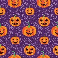 Bright orange pumpkins with violet background. Vector Halloween seamless pattern with pumpkin scary face and smile. Abstract illustration.