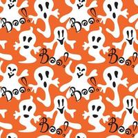 Seamless Halloween holiday pattern with cute ghosts on orange background and white inscriptions Boo. Vector illustration in cartoon style. Background on a theme of Halloween