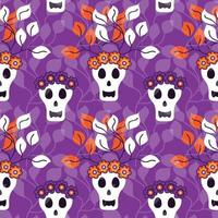Halloween festive seamless pattern. Day of the dead. Skull with flower wreath and twigs with leaves. Colorful stylish skull. Vector stock illustration.