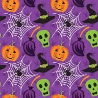 Vector seamless pattern with Halloween symbols spiderweb, pumpkin, skull, spider, broom and magic hat.