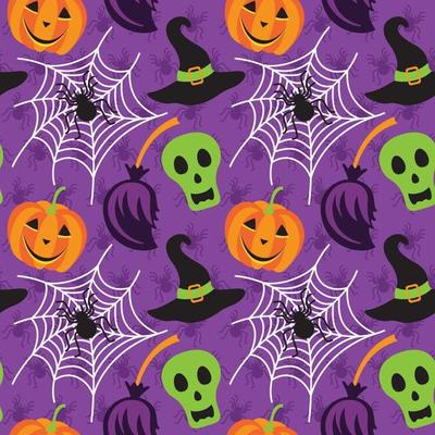 Vector seamless pattern with Halloween symbols spiderweb, pumpkin, skull, spider, broom and magic hat.