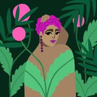 Afro girl with short hair and bare back in tropical leaves and flowers vector