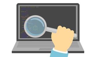 Detection of errors in the program code. A hand holding a magnifying glass, through which you can see a bug in the computer. Concept. Vector illustration