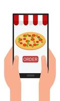 Order pizza through the mobile app on phone or tablet. Flat. Vector illustration