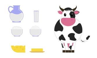 Dairy products and a cow. Foods rich in protein and calcium. Milk, cottage cheese, sour cream, cheese and butter. Flat. Vector illustration