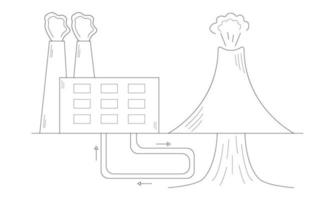 Hand-drawn method of obtaining thermal energy from the bowels of the earth near a volcano. Renewable energy source. Taking care of the environment. Doodle sketch. Vector illustration