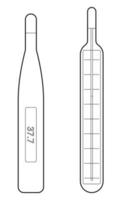 Hand drawn images of two thermometers, mercury and electronic. Device for measuring body temperature. Doodle sketch. Vector illustration