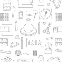 Hand drawn seamless pattern with crafting elements. Tools for sewing, modeling, drawing. Doodle style. Sketch. Vector illustration