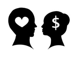 Love or money concept. Flat woman and man couple head shadow shape isolated on white background. Simple vector illustration.