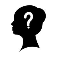 Flat woman head shadow shape with a question mark isolated on white background. Simple vector dilemma concept illustration.