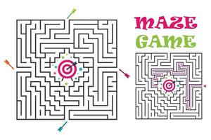 Square maze labyrinth game for kids. Logic conundrum. Four entrance and one right way to go. Vector flat illustration isolated on white background.