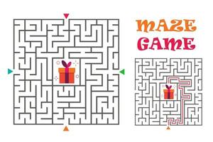 Square maze labyrinth game for kids. Logic conundrum. Four entrance and one right way to go. Vector flat illustration isolated on white background.