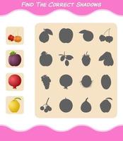 encuentra las sombras correctas de las frutas de dibujos animados. juego de búsqueda y combinación. juego educativo para niños de edad preescolar y niños pequeños vector