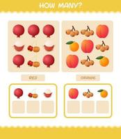 cuántas frutas de dibujos animados. juego de conteo juego educativo para niños y niños pequeños en edad preescolar vector