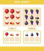 cuántas frutas de dibujos animados. juego de conteo juego educativo para niños y niños pequeños en edad preescolar vector