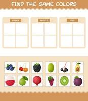 encontrar los mismos colores de las frutas. juego de búsqueda y combinación. juego educativo para niños y niños pequeños en edad preescolar vector