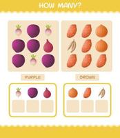 How many cartoon vegetables. Counting game. Educational game for pre shool years kids and toddlers vector