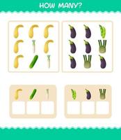 How many cartoon vegetables. Counting game. Educational game for pre shool years kids and toddlers vector