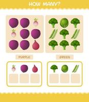 How many cartoon vegetables. Counting game. Educational game for pre shool years kids and toddlers vector