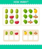 cuántas frutas de dibujos animados. juego de conteo juego educativo para niños y niños pequeños en edad preescolar vector