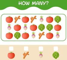 How many cartoon vegetables. Counting game. Educational game for pre shool years kids and toddlers vector