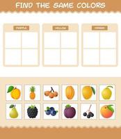 encontrar los mismos colores de las frutas. juego de búsqueda y combinación. juego educativo para niños y niños pequeños en edad preescolar vector