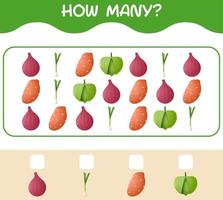 How many cartoon vegetables. Counting game. Educational game for pre shool years kids and toddlers vector