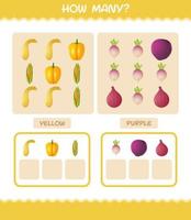 How many cartoon vegetables. Counting game. Educational game for pre shool years kids and toddlers vector