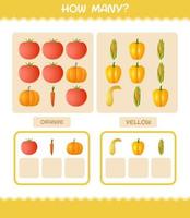 How many cartoon vegetables. Counting game. Educational game for pre shool years kids and toddlers vector