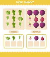 cuántas verduras de dibujos animados. juego de conteo juego educativo para niños de edad preescolar y niños pequeños vector