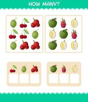 cuántas frutas de dibujos animados. juego de conteo juego educativo para niños y niños pequeños en edad preescolar vector