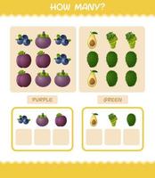 cuántas frutas de dibujos animados. juego de conteo juego educativo para niños y niños pequeños en edad preescolar vector