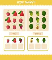 cuántas frutas de dibujos animados. juego de conteo juego educativo para niños y niños pequeños en edad preescolar vector