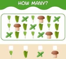 How many cartoon vegetables. Counting game. Educational game for pre shool years kids and toddlers vector